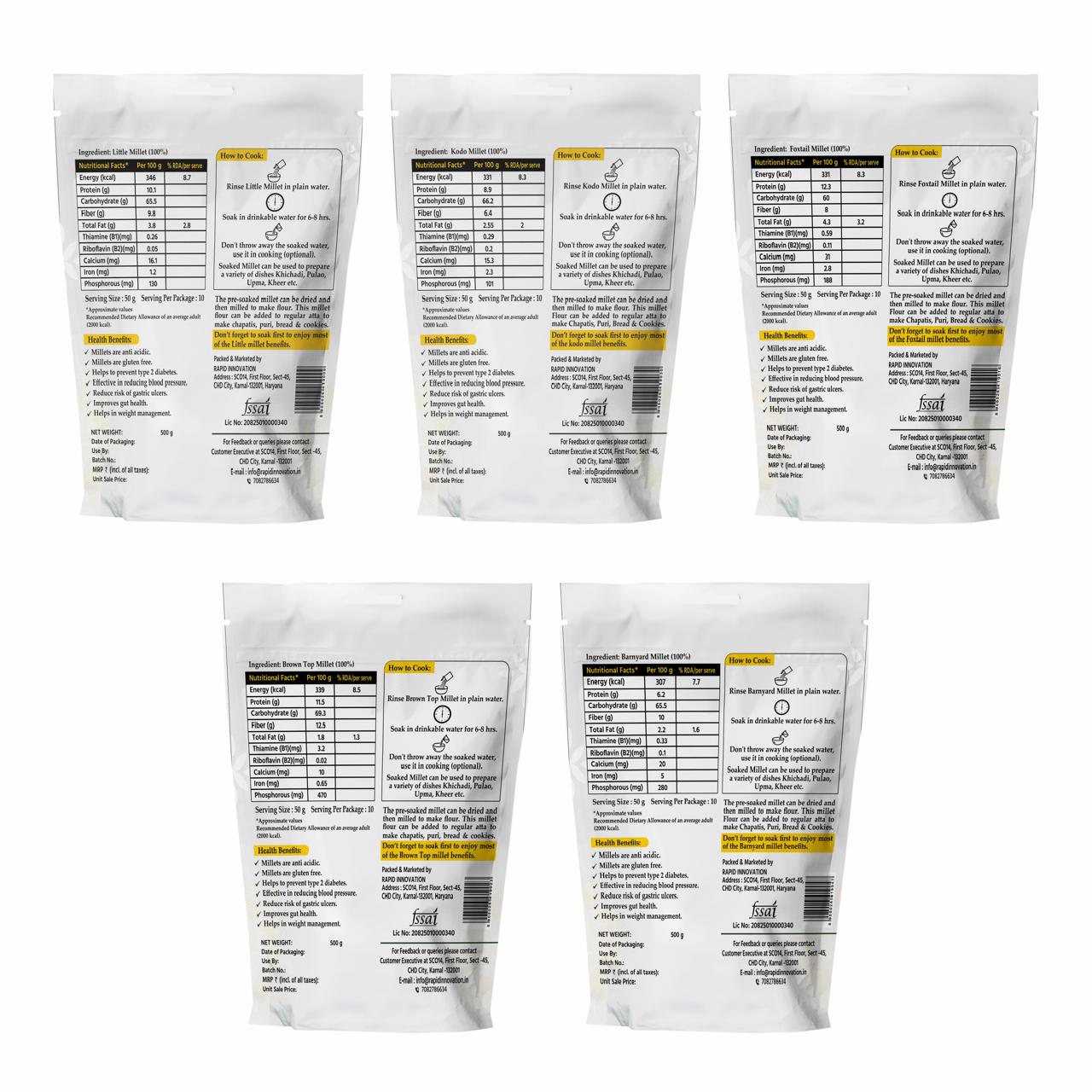 Nandan Ji All Grains Combo (Rice Substitute) - Pack of 5 (500 g Each) | Samak, Kangni, Kutki, Kodo, Hari Kangni