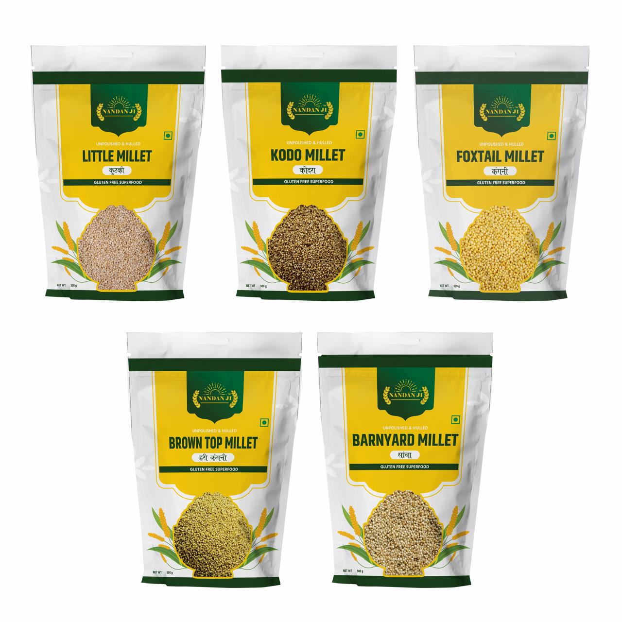 Nandan Ji All Grains Combo (Rice Substitute) - Pack of 5 (500 g Each) | Samak, Kangni, Kutki, Kodo, Hari Kangni
